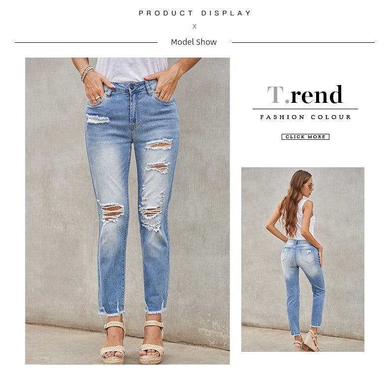 Shiying European and American Style Jeans Women's, Blue Ripped Street Style New Arrival High Waist Women's Cropped Jeans 78363