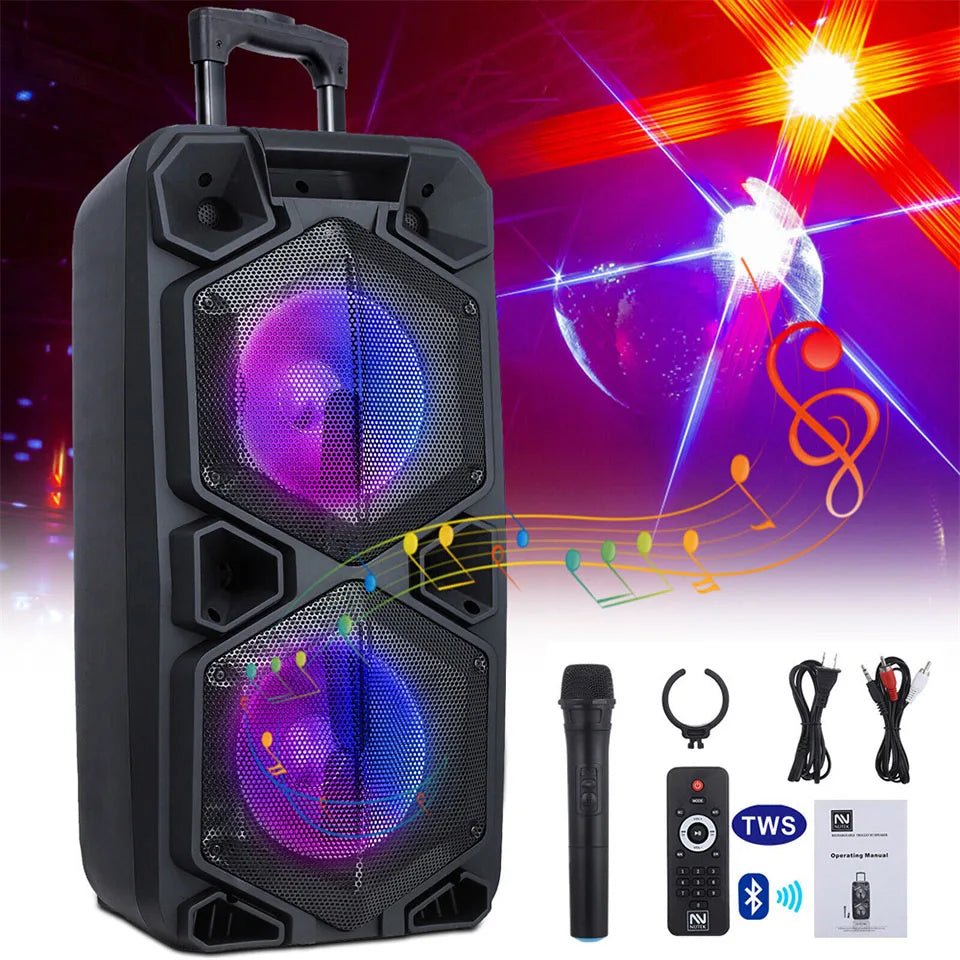 9000W Bluetooth Speaker Rechargable Dual 10" Woofer Party FM Karaok DJ LED AUX With Microphone Tws