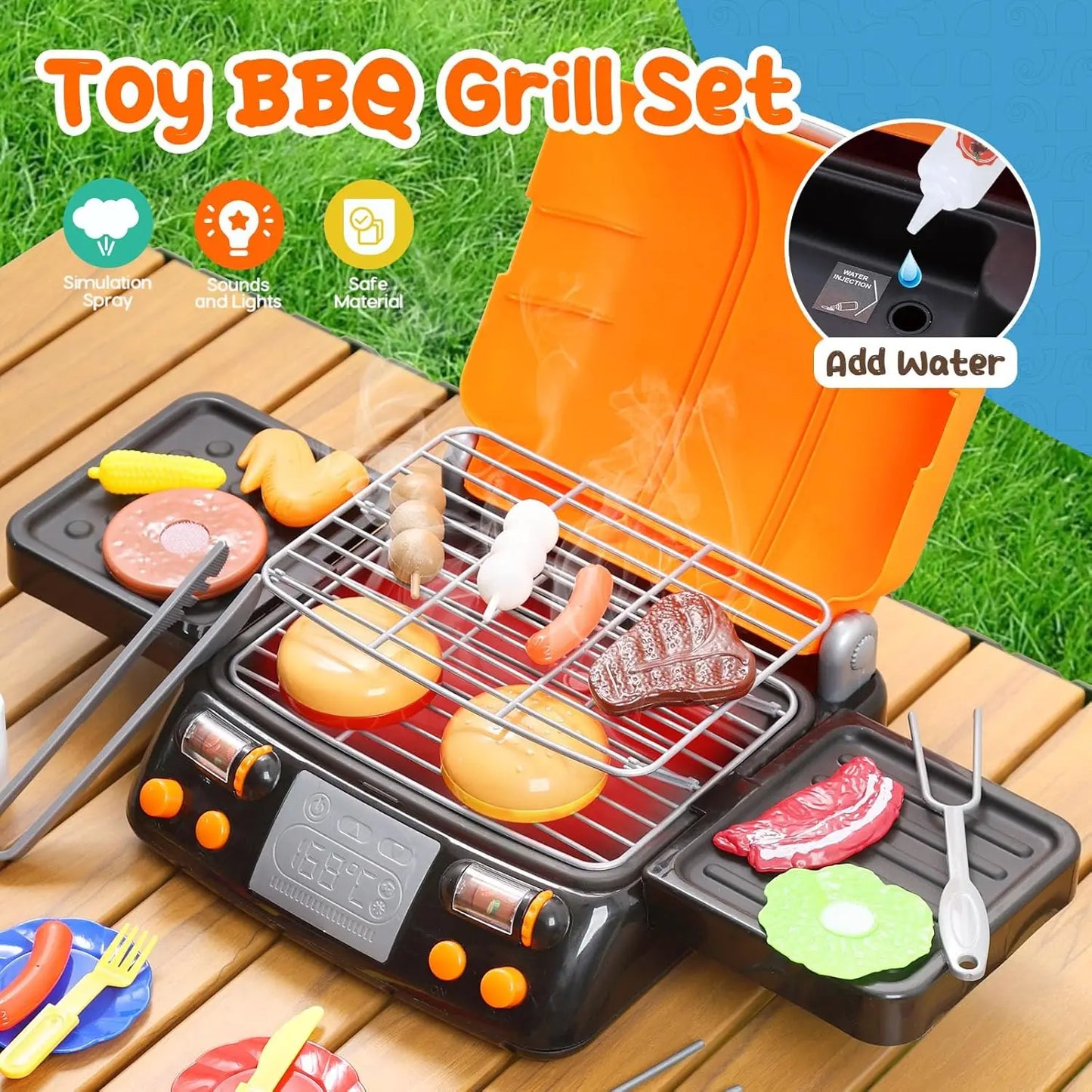 CUTE STONE 2-Layer BBQ Toy Set, Kids Grill with Food, Smoke Sound & Light, Camping BBQ Gift