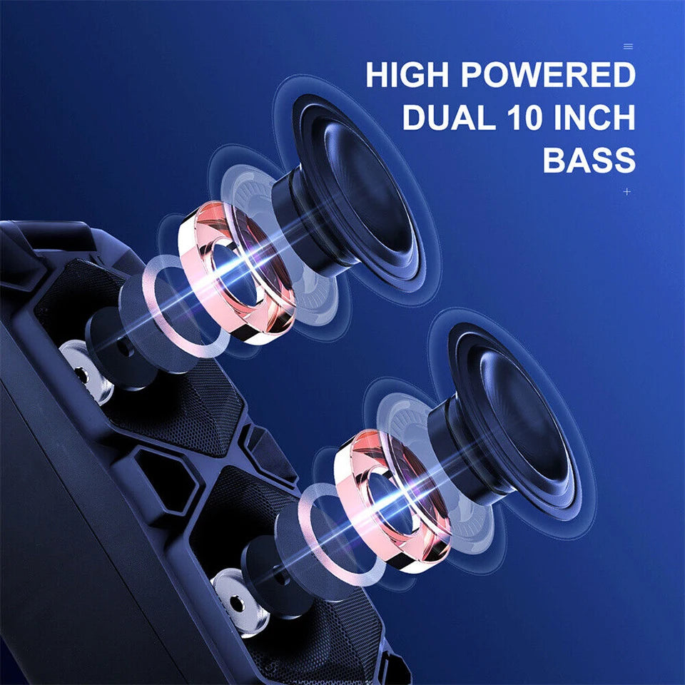 9000W Bluetooth Speaker Rechargable Dual 10" Woofer Party FM Karaok DJ LED AUX With Microphone Tws