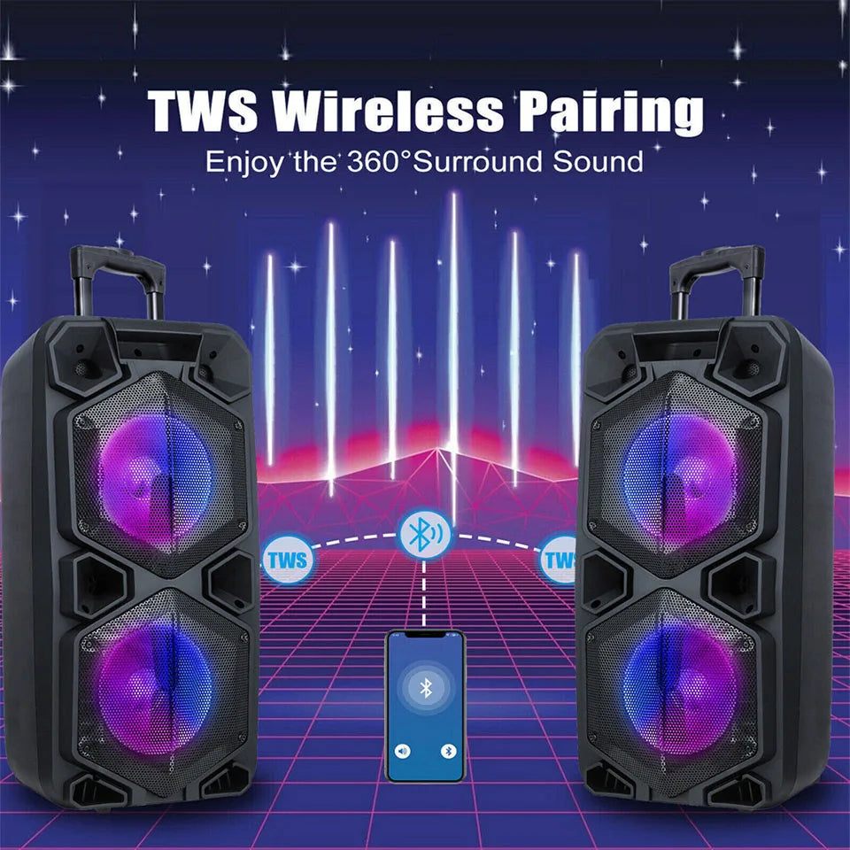 9000W Bluetooth Speaker Rechargable Dual 10" Woofer Party FM Karaok DJ LED AUX With Microphone Tws