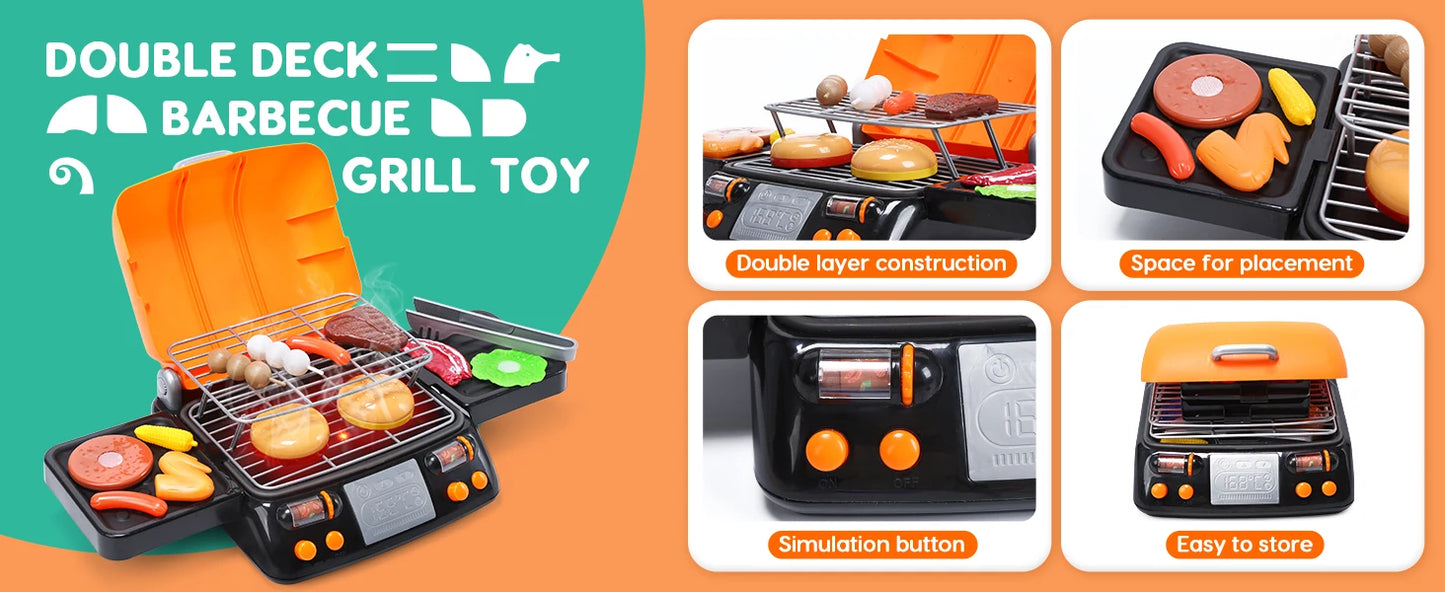 CUTE STONE 2-Layer BBQ Toy Set, Kids Grill with Food, Smoke Sound & Light, Camping BBQ Gift