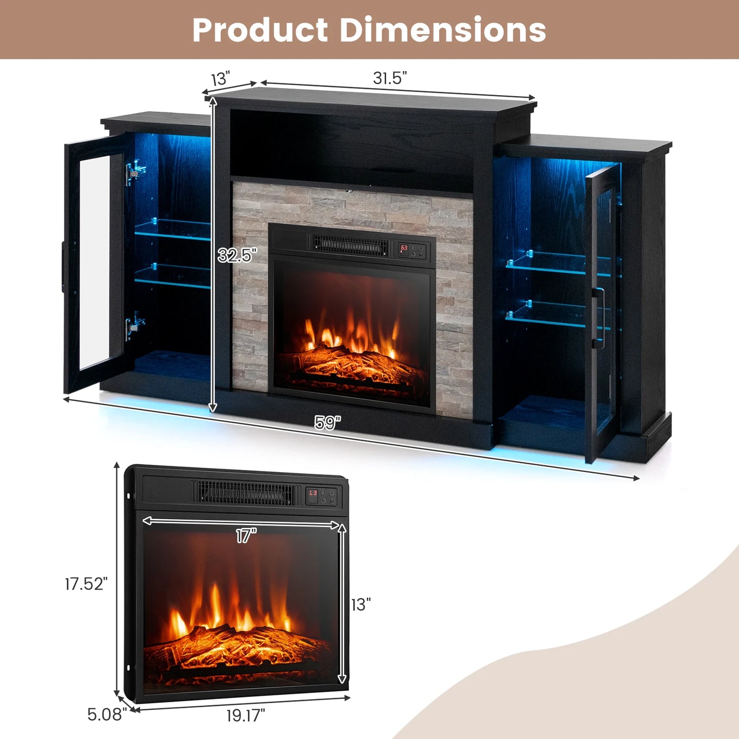 Fireplace TV Stand w/ Led Lights & 18" Electric Fireplace for Tvs up to 65"