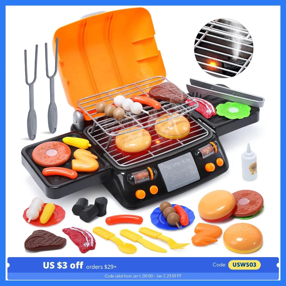 CUTE STONE 2-Layer BBQ Toy Set, Kids Grill with Food, Smoke Sound & Light, Camping BBQ Gift