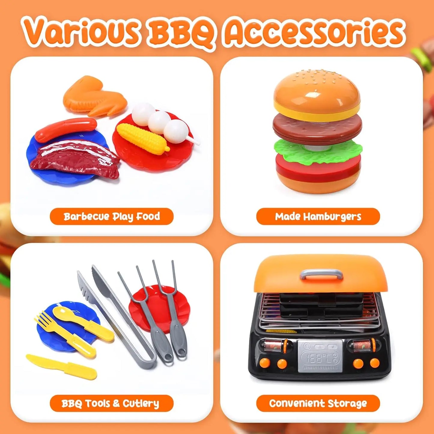 CUTE STONE 2-Layer BBQ Toy Set, Kids Grill with Food, Smoke Sound & Light, Camping BBQ Gift