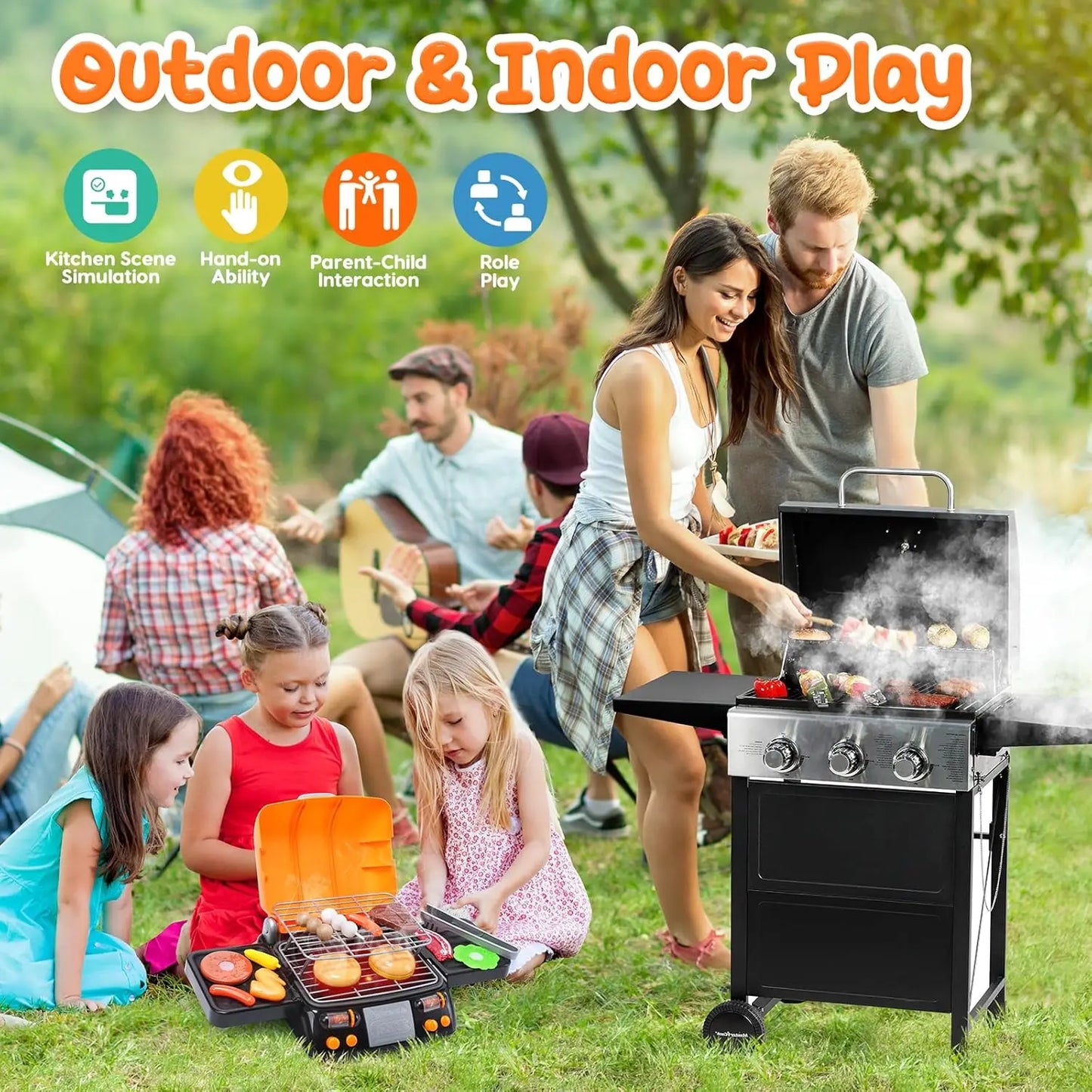 CUTE STONE 2-Layer BBQ Toy Set, Kids Grill with Food, Smoke Sound & Light, Camping BBQ Gift