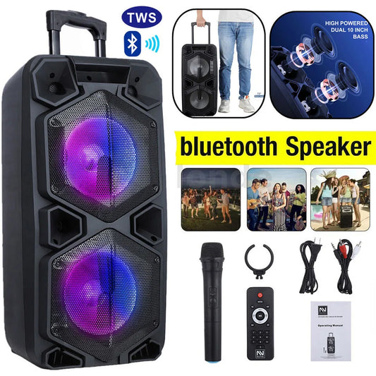 9000W Bluetooth Speaker Rechargable Dual 10" Woofer Party FM Karaok DJ LED AUX With Microphone Tws