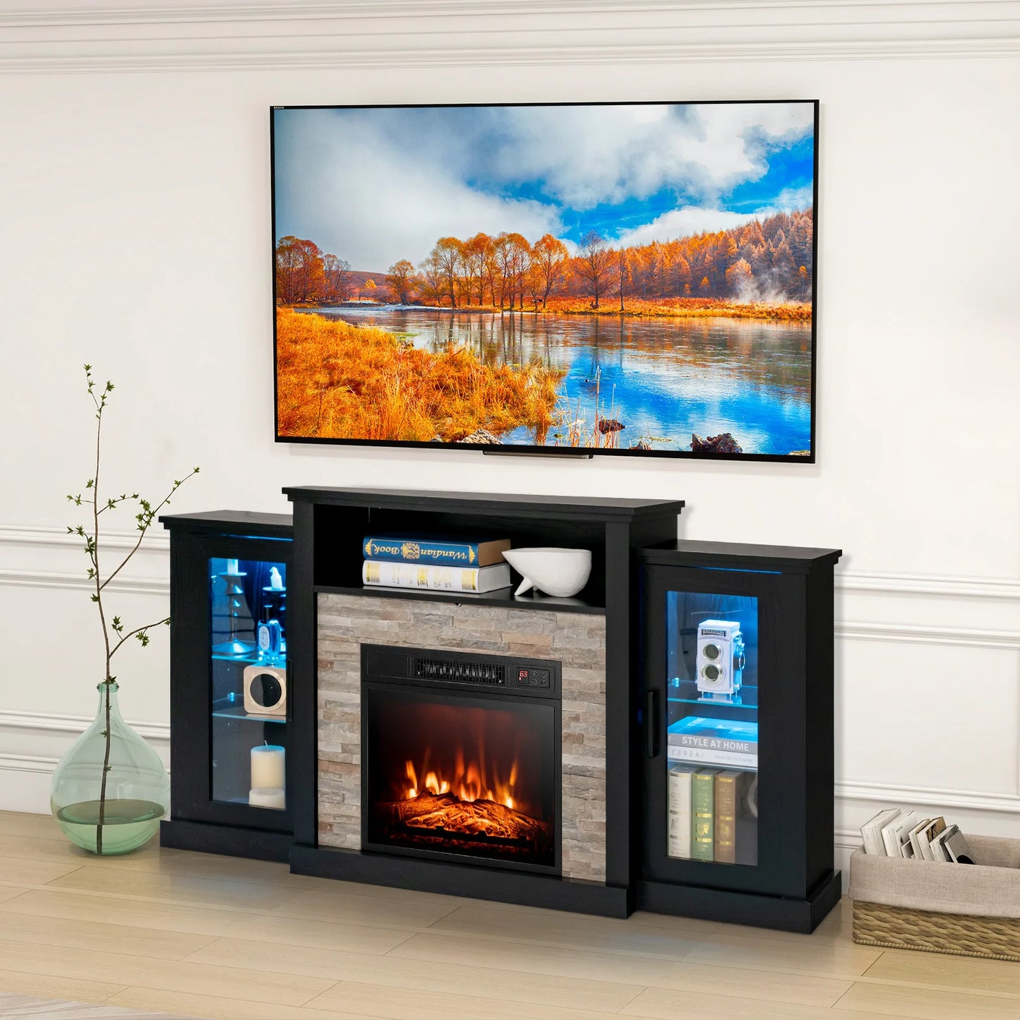 Fireplace TV Stand w/ Led Lights & 18" Electric Fireplace for Tvs up to 65"