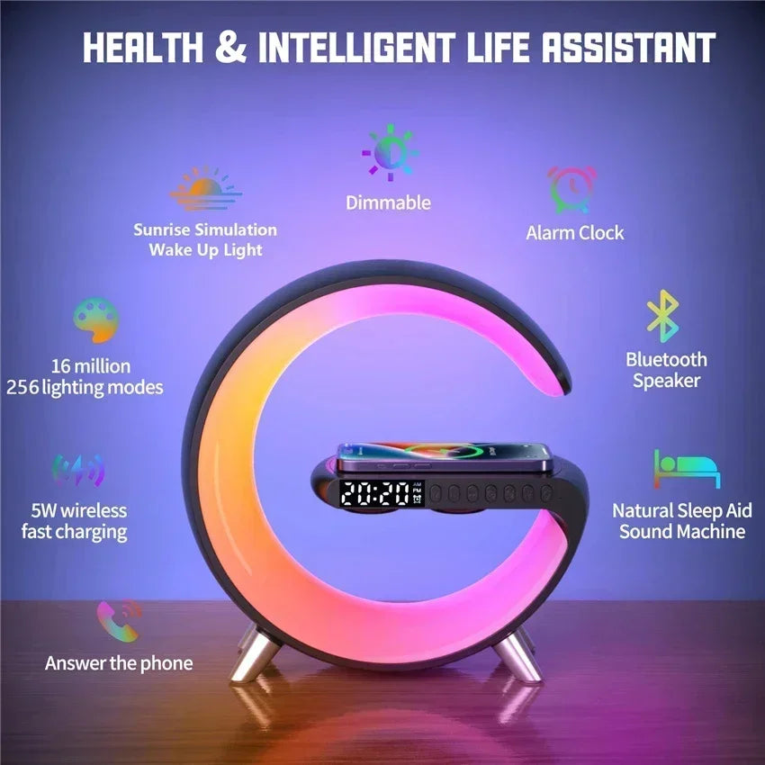 9 inch Wireless Charger Stand Alarm Clock Bluetooth Speaker LED Lamp RGB Night Light For iPhone Samsung Fast Charging Station