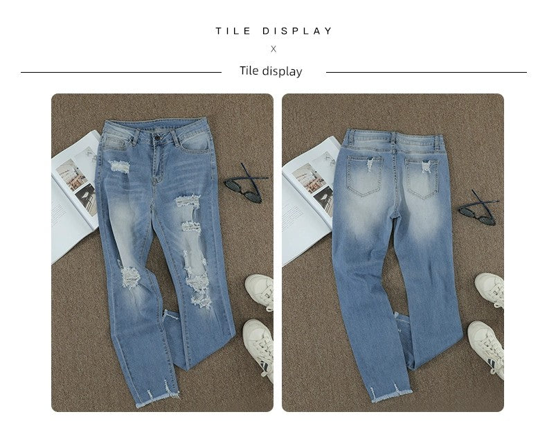 Shiying European and American Style Jeans Women's, Blue Ripped Street Style New Arrival High Waist Women's Cropped Jeans 78363