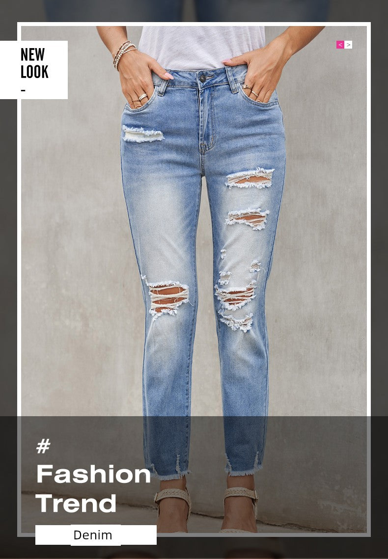 Shiying European and American Style Jeans Women's, Blue Ripped Street Style New Arrival High Waist Women's Cropped Jeans 78363